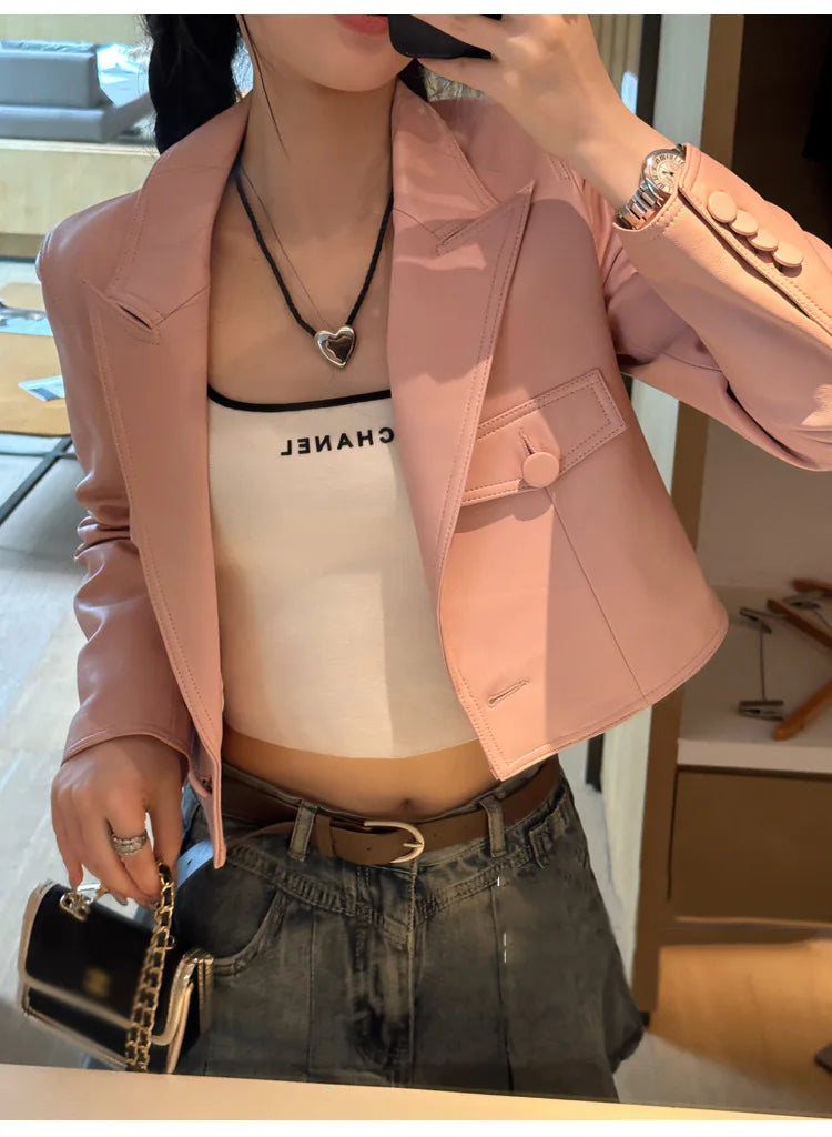 2024 New Short Genuine Leather Blazer Jackets for Women Fashion Pink Lapel Single Button Female Long Sleeve Sheepskin Jackets