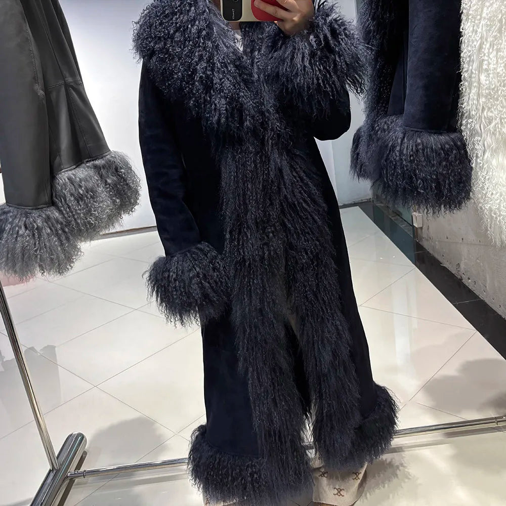 YOLOAgain Mongolia Sheep Fur Collar Real Leather Coat Women Suede Jacket 2025 Winter Outerwear