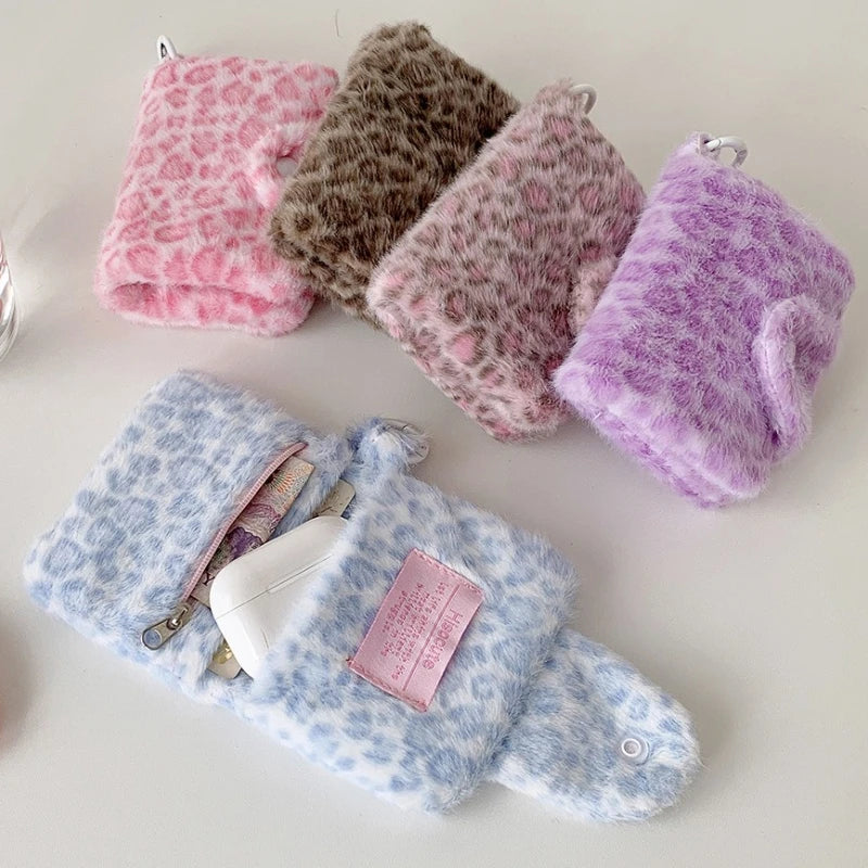 Leopard Pattern Plush Coin Purse Cute Wallet Card Bag Korean Fashion Wallet Card Holder for Girl Portable Cute Small Storage Bag