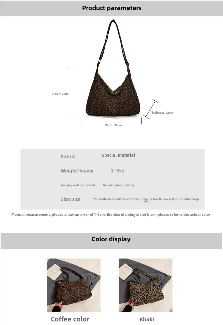 Trendy Casual Soft Textile Women's Shoulder Bag Large Capacity Leopard Print Female Retro Crossbody Bag For Commute Outings