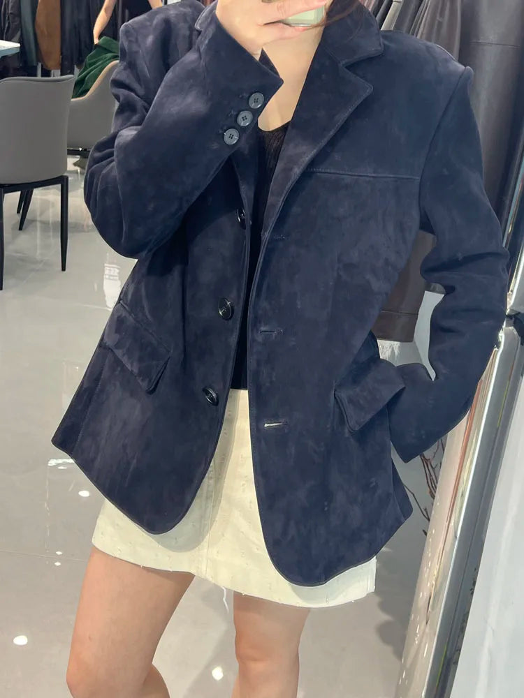 High Quality Suede Leather Suit Jacket Woman Kid Suede Flip Collar Wide Shoulder Split Vintage Ropa Mujer Dark Blue Blazer Coat