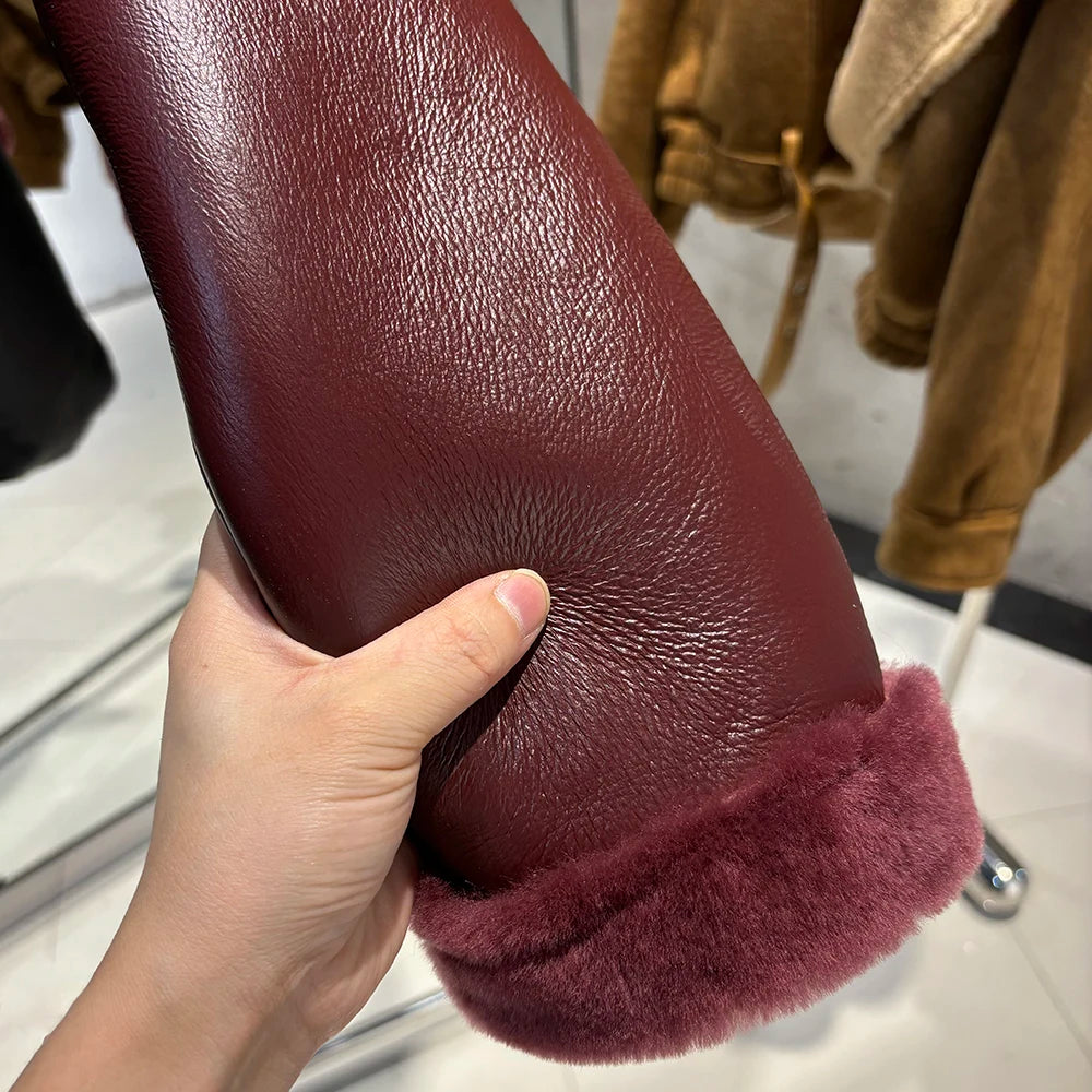 YOLOAgain Burgundy Shearling Jacket With Hood Women 2025 Winter Real Leather Jacket Coat