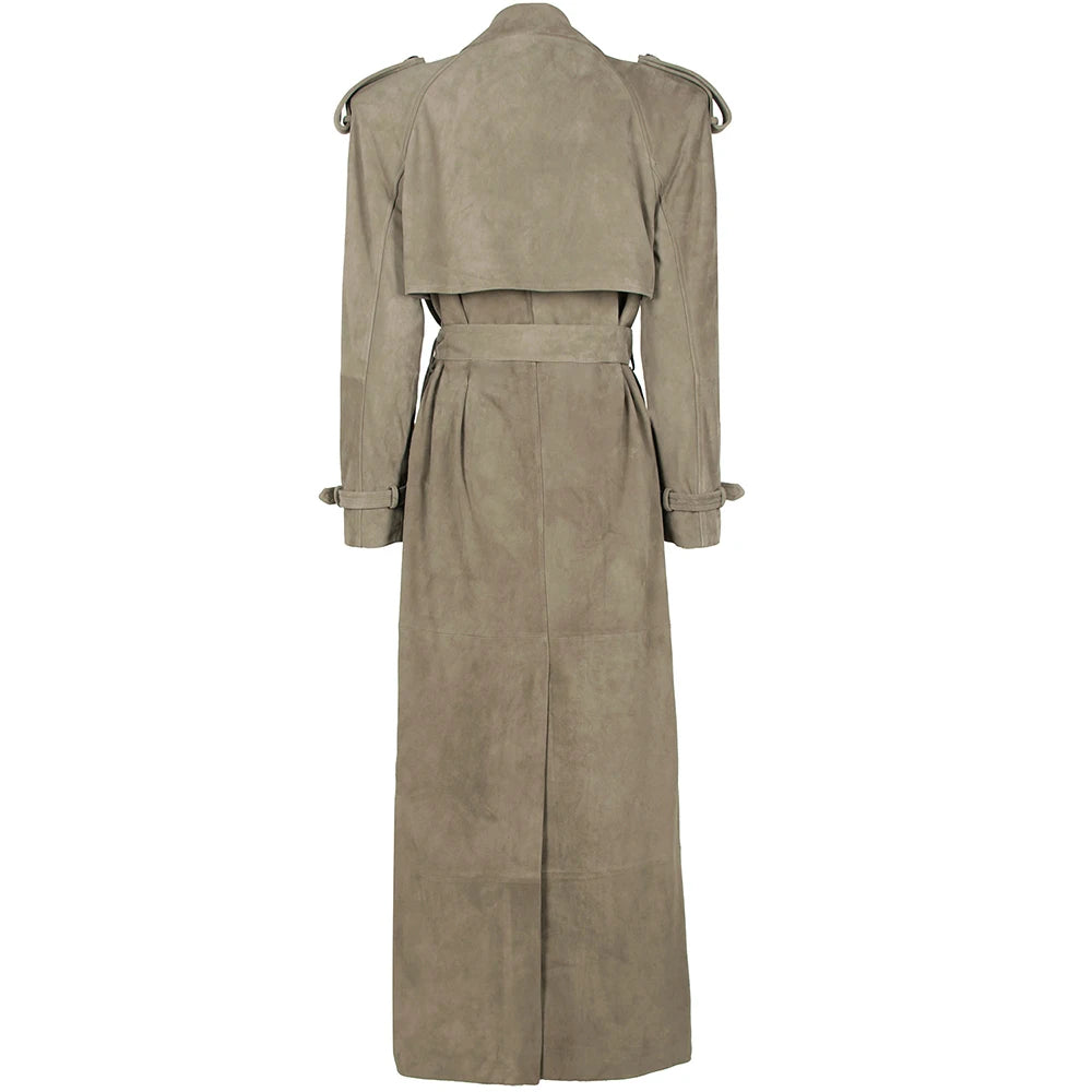 YOLOAgain 150cm Extra Length Real Leather Trench Coat Women Double Breasted Suede Coat Female