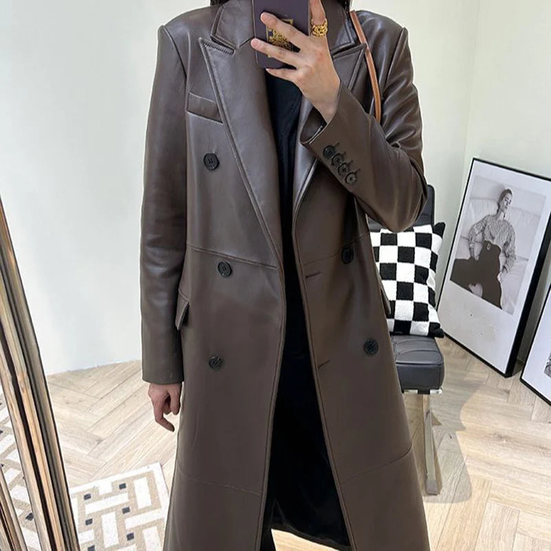 LUXURY Leather Outer Garment Women 2026 Suit Collar Double-Breasted Black Coffee Long Coat Women Streetwear Gabardina de Mujer