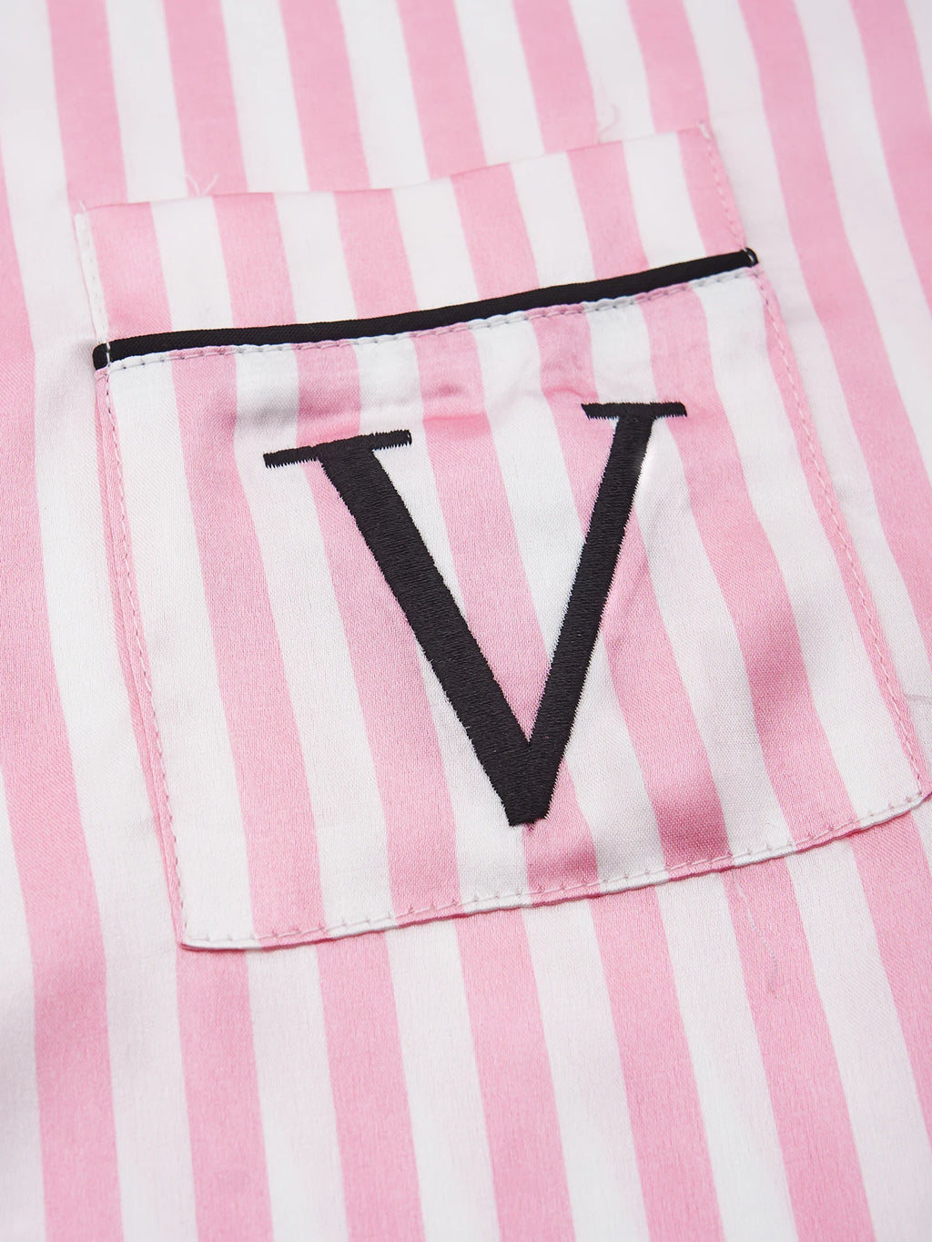 Classic Striped Print And Pocket Letter Short-Sleeve Long Pants Pajama Set, Satin Sleepwear with Lapel Collar and Button Detail