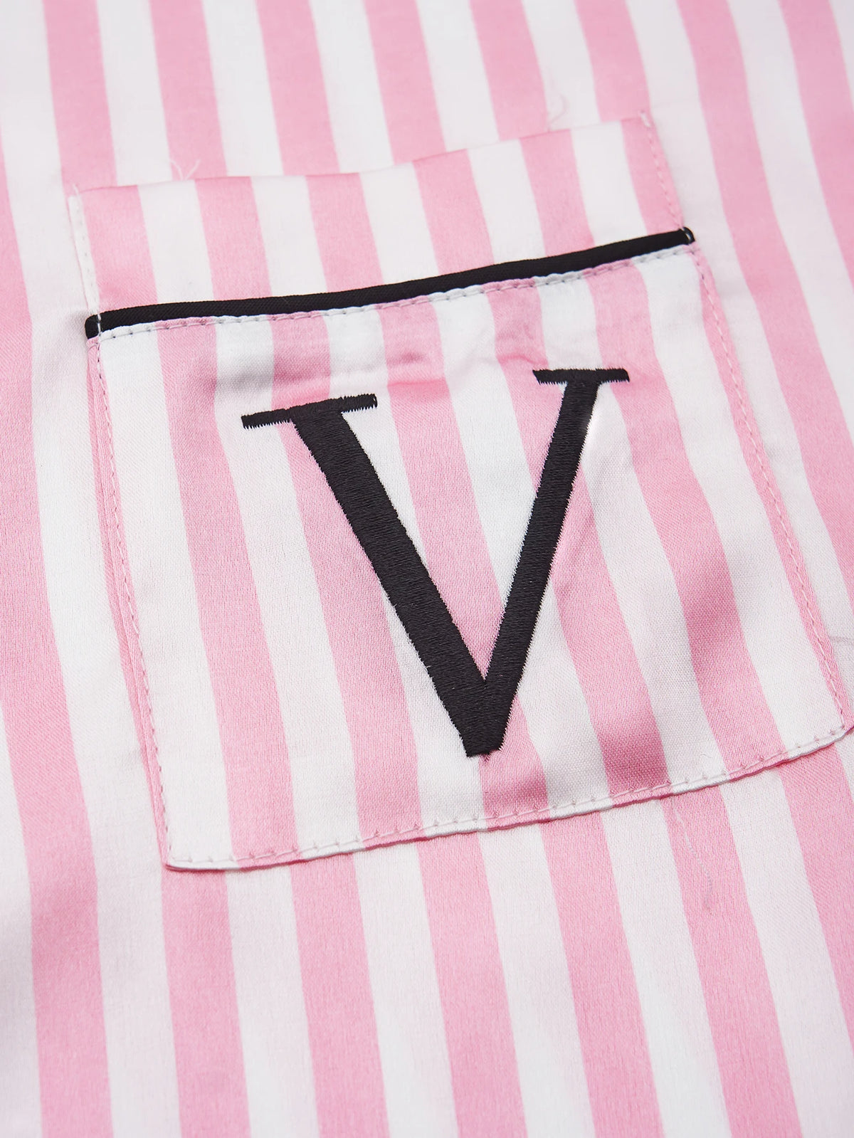 Classic Striped Print And Pocket Letter Short-Sleeve Long Pants Pajama Set, Satin Sleepwear with Lapel Collar and Button Detail