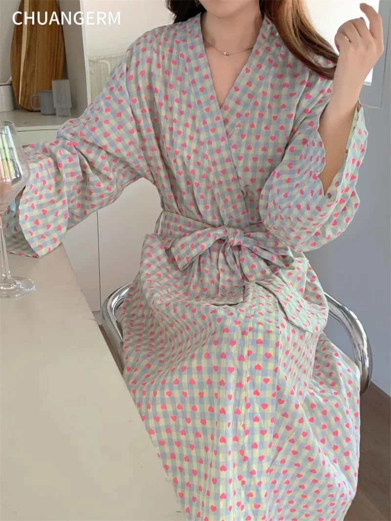 CHUANGERM Women Sweet Plaid Long Sleeve V‑Neck Lace Up Loose Medium‑Long Robe Comfortable Sexy Home Wear Loungewear