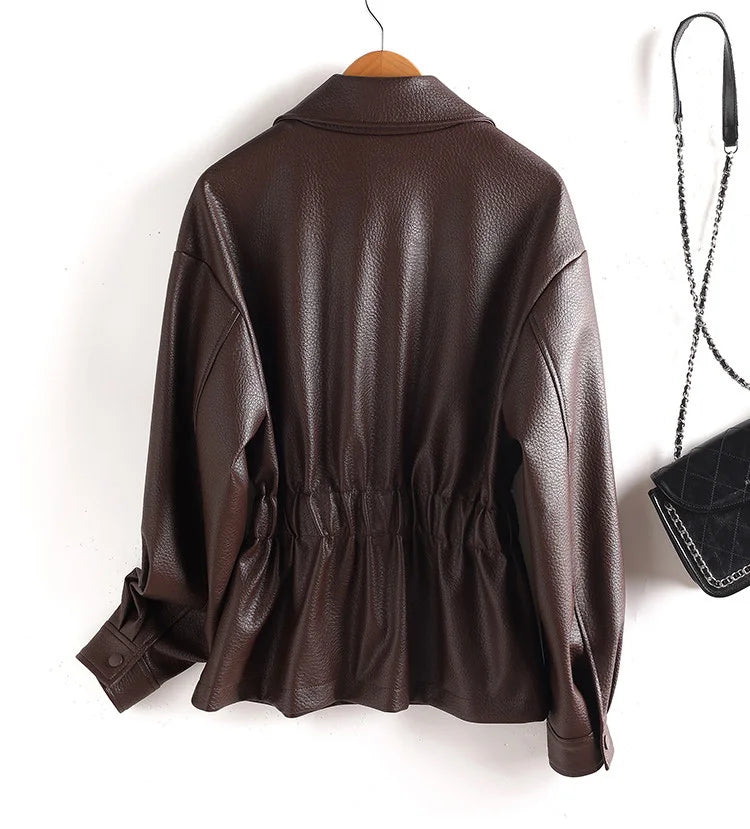 New Women Split Leather Jacket Spring Autumn Fashion Turn-down Collar Stretch Adjustable Waist Short Coat Casual Leather Jacket