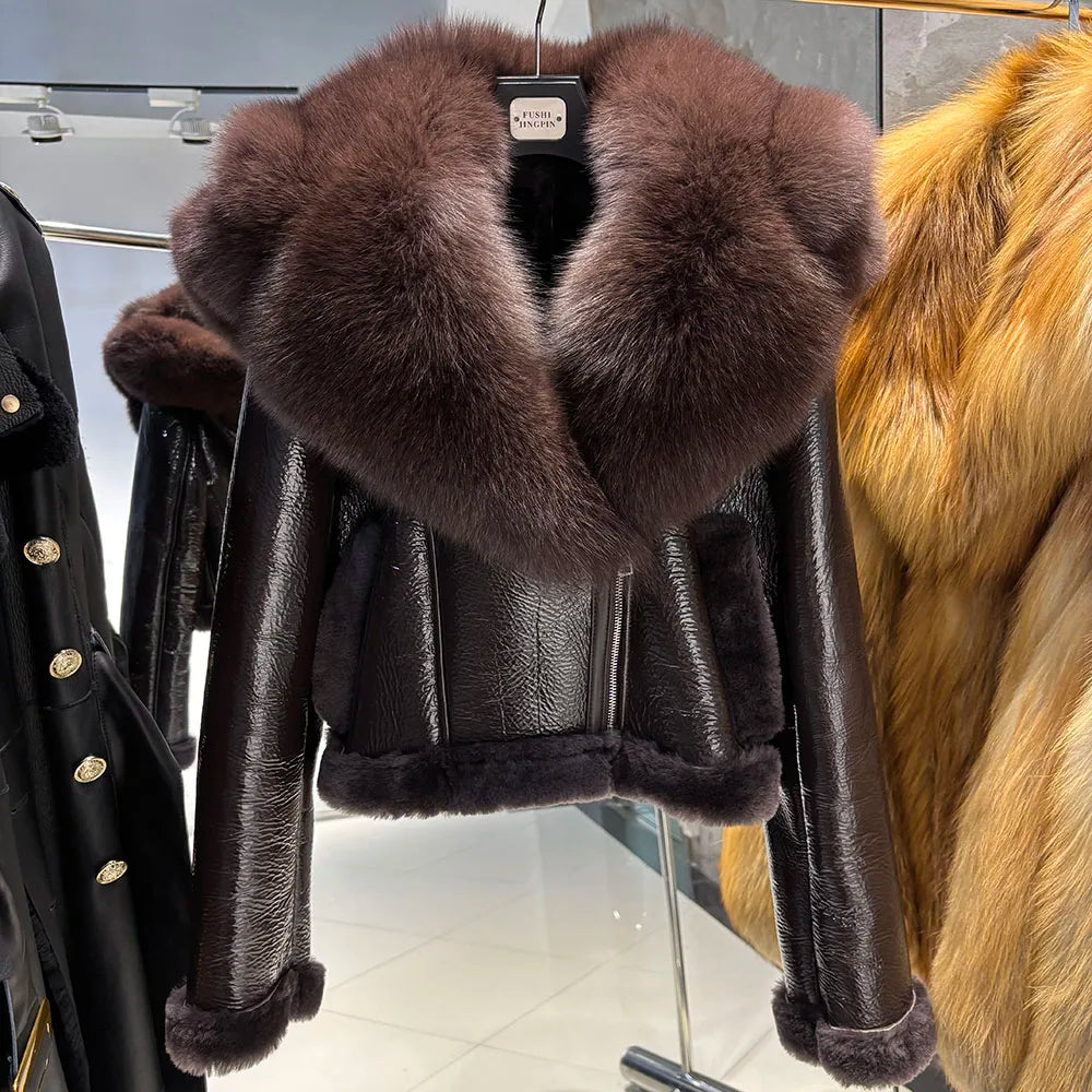 YOLOAgain Burgundy Shearling Jacket With Hood Women 2025 Winter Real Leather Jacket Coat