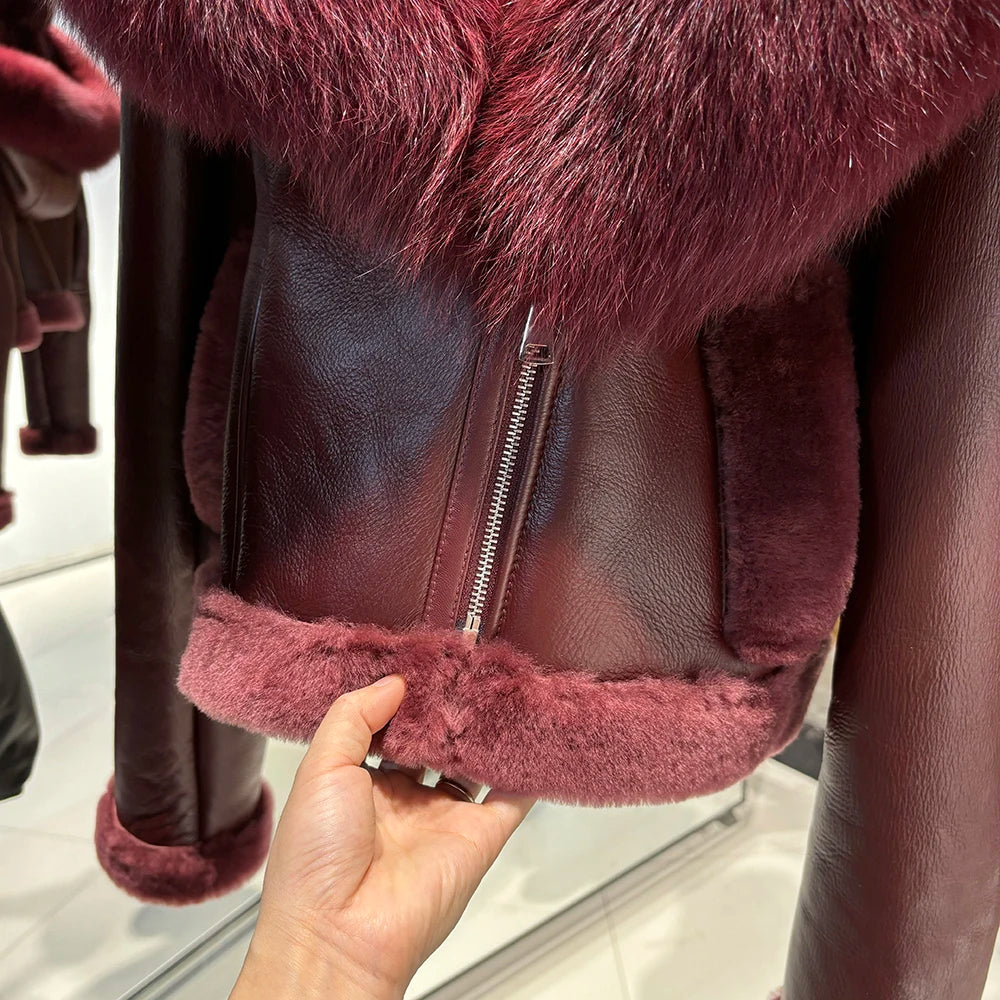 YOLOAgain Burgundy Shearling Jacket With Hood Women 2025 Winter Real Leather Jacket Coat