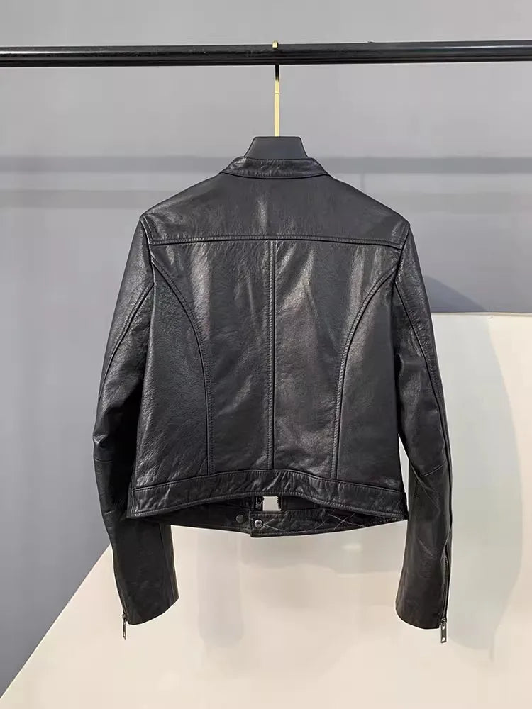 Autumn Fashion Genuine Leather Women Short Jacket Stand Collar Zipper Coat Top Work Lady Slim Fit Jackets Casual Black Outerwear