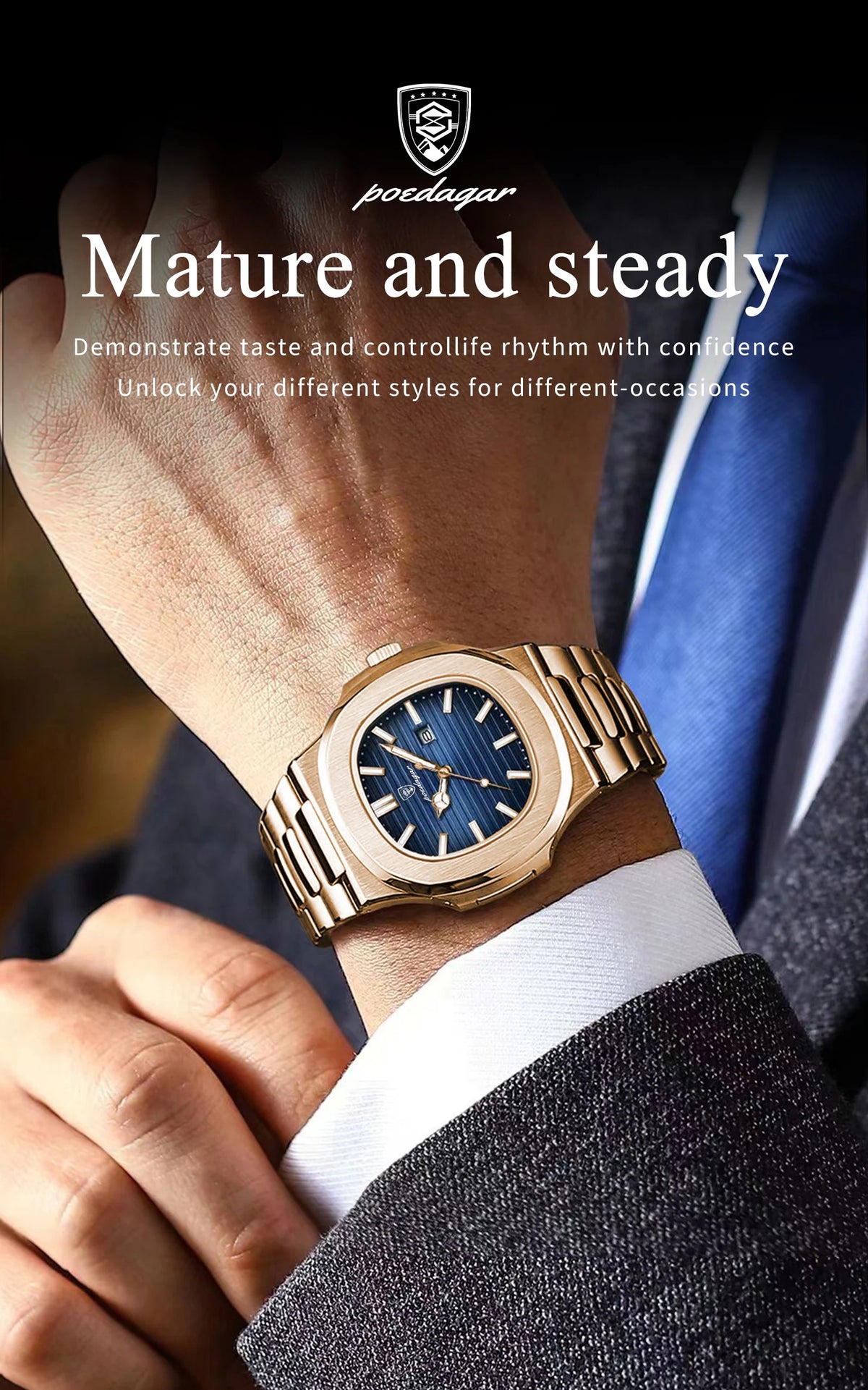POEDAGAR Fashion Couple Watch Waterproof Luminous Date Stainless Steel Quartz Love Wristwatch Square Watches for Boyfriend Gift