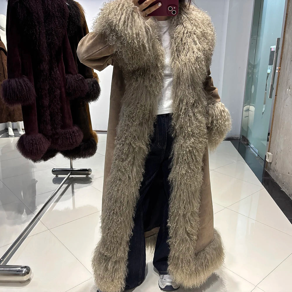 YOLOAgain Real Mongolia Sheep Fur Jacket Long Dark Brown Suede Coat Women
