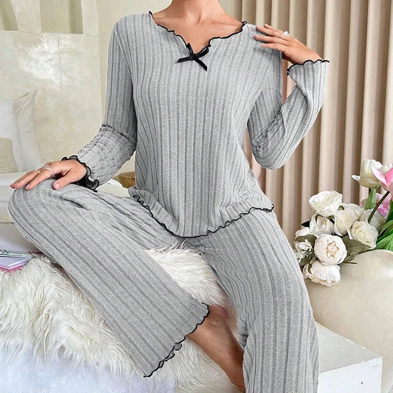 Women Ribbed Pajama Set V Neck Bow Long Sleeve Pants Soft Loungewear Two Piece Sleep Suit Daily Home Bedroom Casual Night Wear