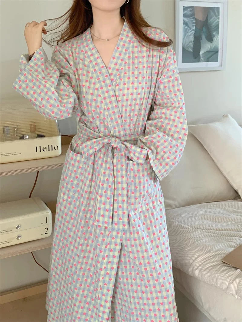 CHUANGERM Women Sweet Plaid Long Sleeve V‑Neck Lace Up Loose Medium‑Long Robe Comfortable Sexy Home Wear Loungewear