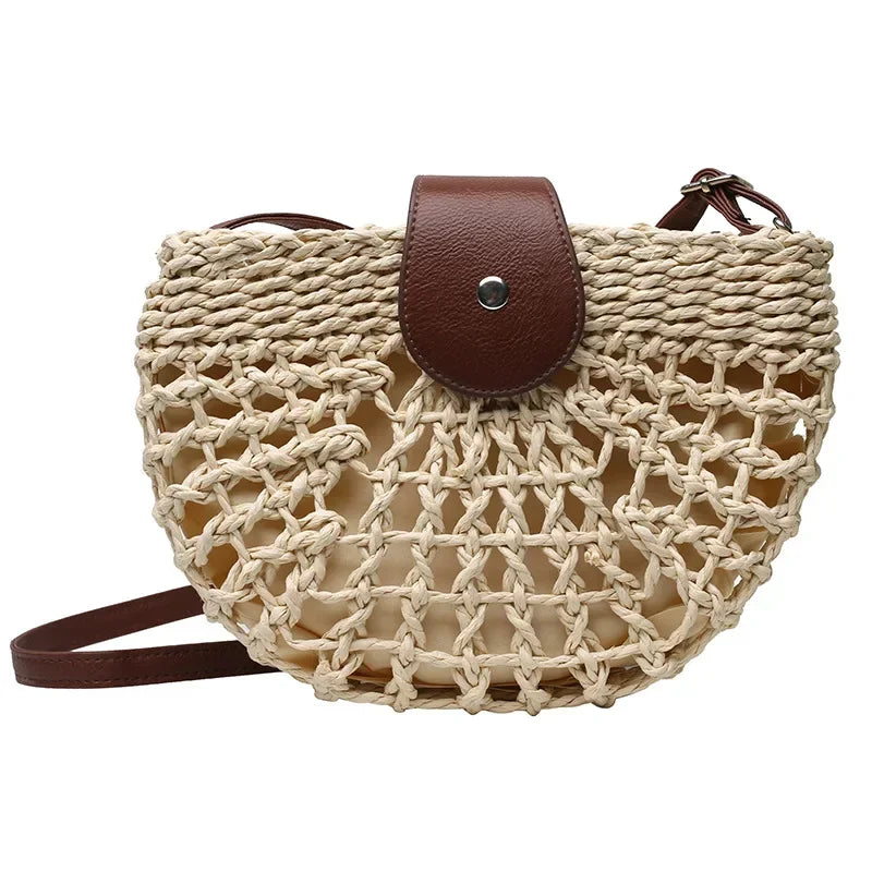 Summer Straw Bag For Women Fashion Semicircle Crossbody Bags Rattan Handmade Messenger Handbag Travel Beach Bags Tote