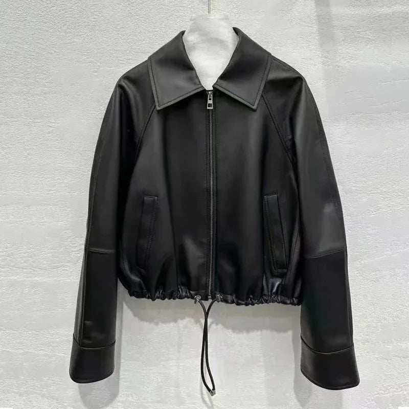 Real Leather Clothing for Women Lapel Drawstring Silhouette Short Coat Female Genuine Sheepskin Balloon Jacket Bomber Femme