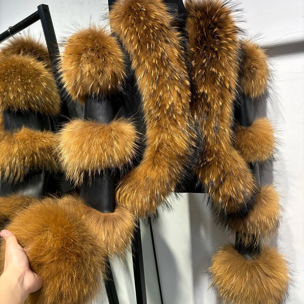 YOLOAgain Women's Natural Fox Fur Jacket Real Leather Cropped Jacket Streetwear