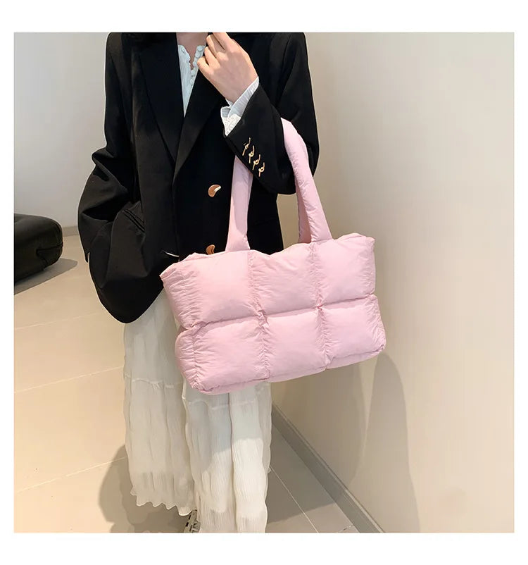 Quilted Plaid Bag Women Tote Handbags Retro Trendy Checkered Waterproof Shoulder Bag Solid Color Winter Soft Large Capacity Bags