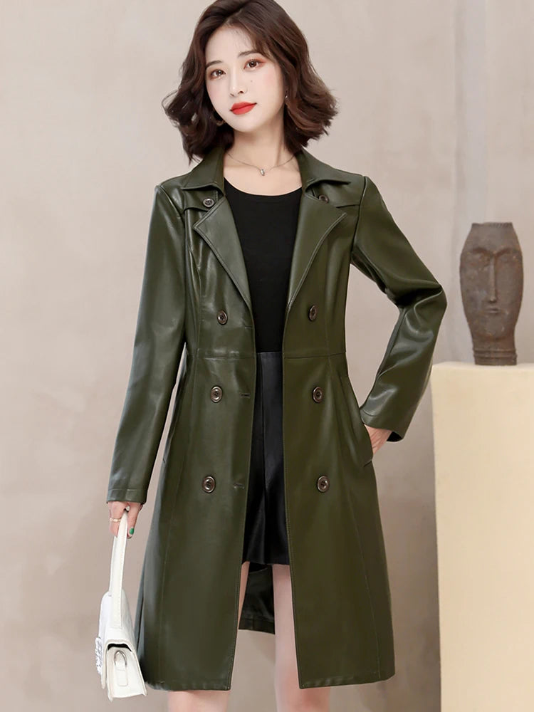 2026 Spring Autumn Sheep Leather Long Trench Coat Women Double Breasted Slim Trench Coat Female Outwear Fashion Windbreaker
