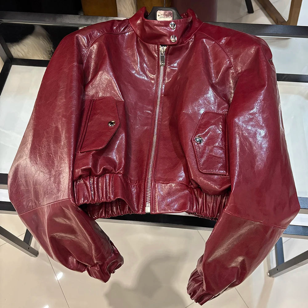 YOLOAgain Suede Leather Jacket Coat Women Real Leather Cropped Jacket Bomber Jacket