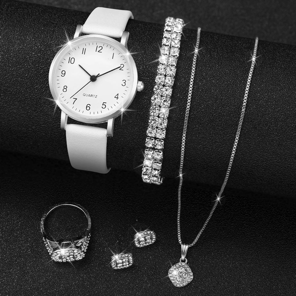 5/6PCS Fashion Women's Quartz Watch Leather Band Analog Quartz Watches with Diamond Jewelry (Without Box)
