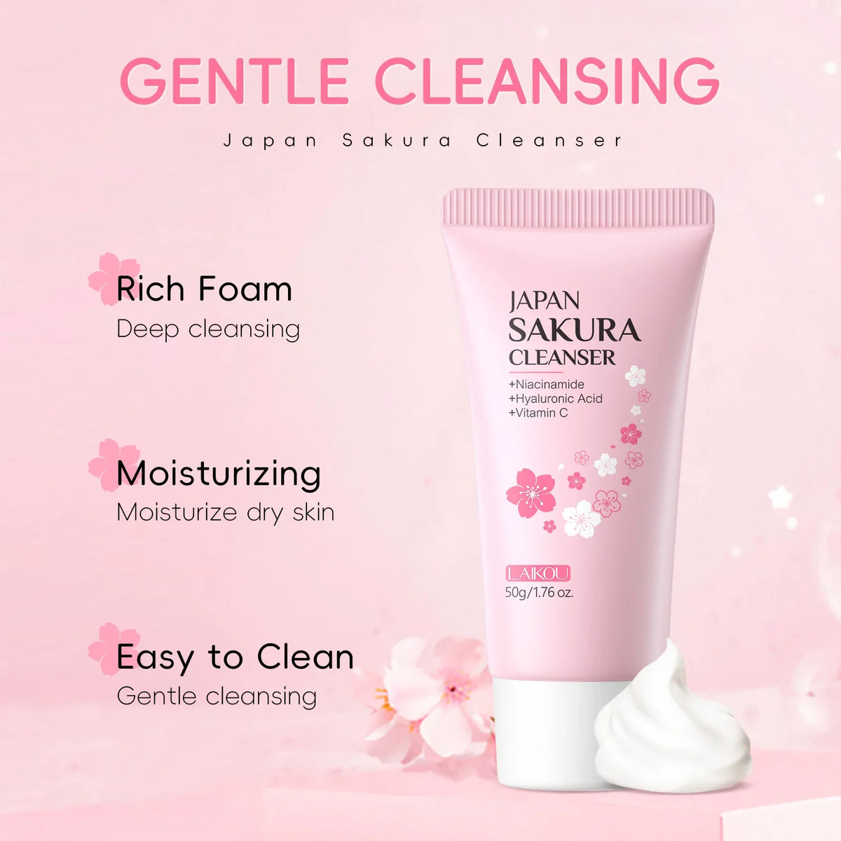 Laikou Japan Sakura Gentle Face Wash Hydrating Oil Control Niacinamide Hyaluronic Acid Daily Facial Cleanser For All Skin Types