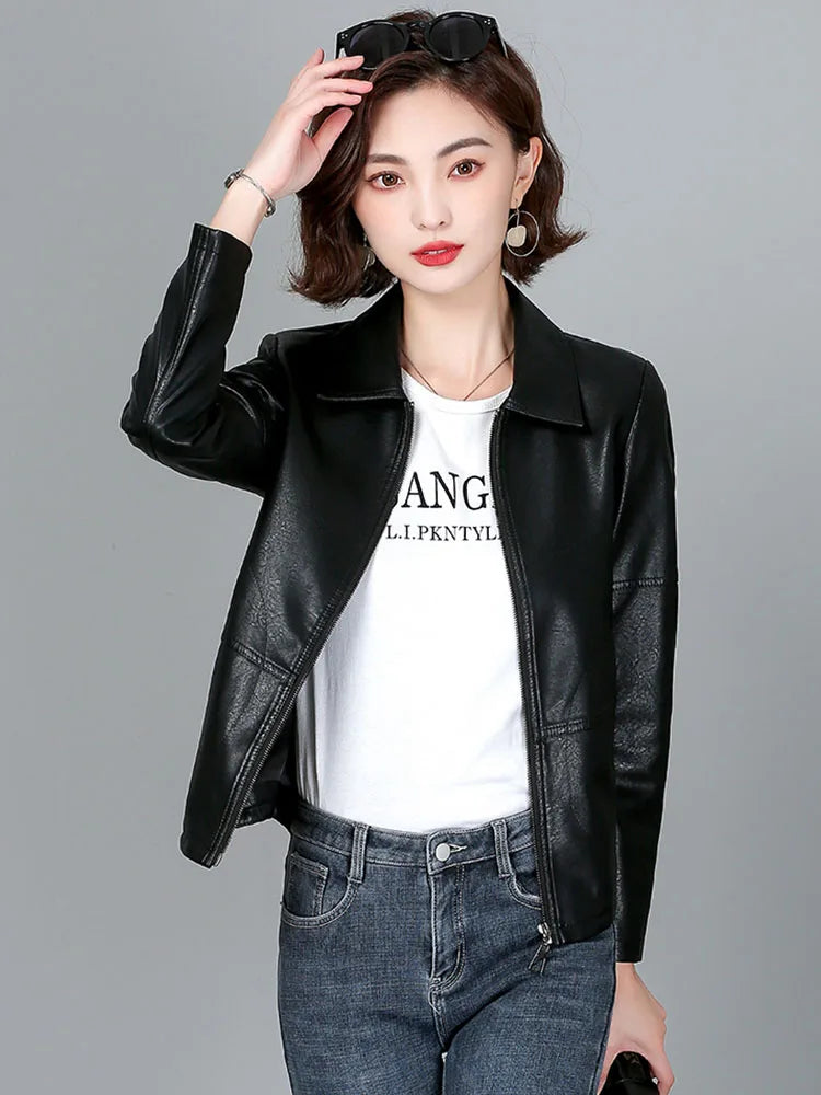 New Women Sheepskin Jacket Spring Autumn 2025 Fashion Casual Long Sleeve Short Zipper Leather Coat Loose Split Leather Outerwear