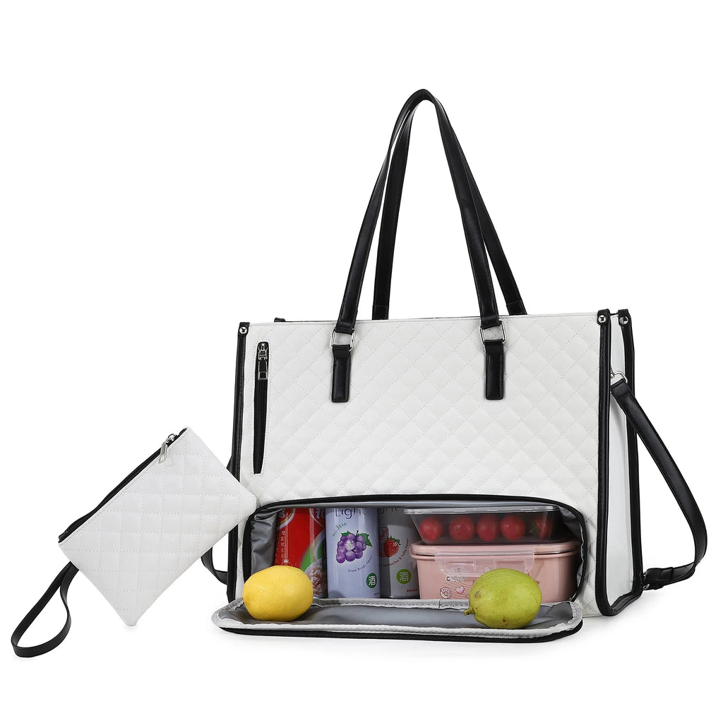 Women Large Capacity Insulated Lunch Tote Bag PU Leather Quilted Shoulder Bag Work Travel Handbag with small Pouch