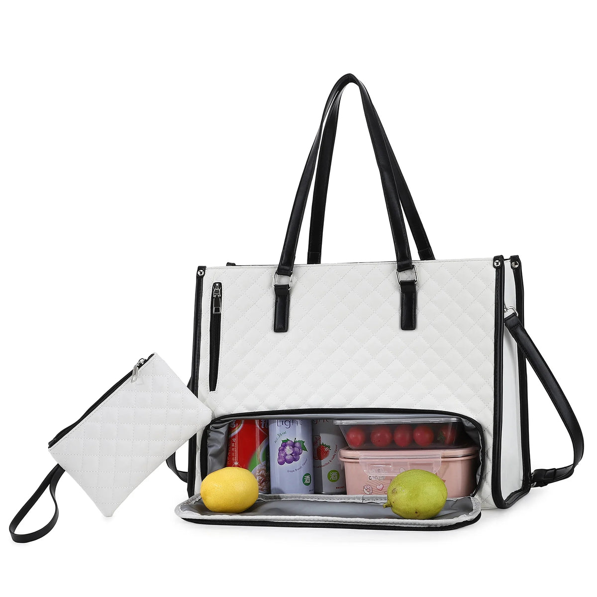 Women Large Capacity Insulated Lunch Tote Bag PU Leather Quilted Shoulder Bag Work Travel Handbag with small Pouch