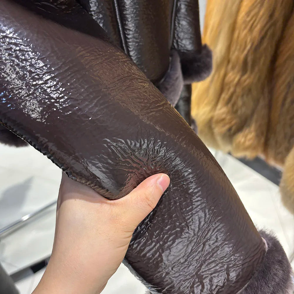 YOLOAgain Burgundy Shearling Jacket With Hood Women 2025 Winter Real Leather Jacket Coat