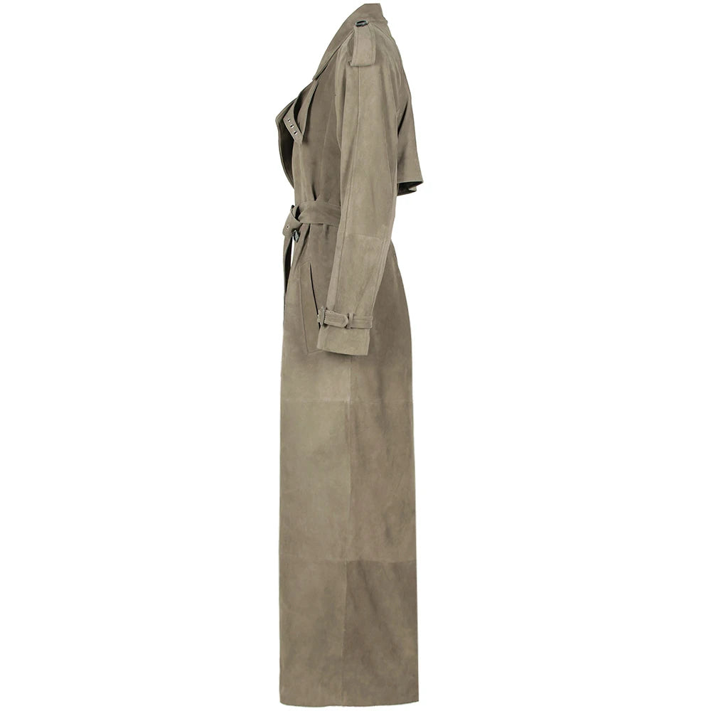 YOLOAgain 150cm Extra Length Real Leather Trench Coat Women Double Breasted Suede Coat Female