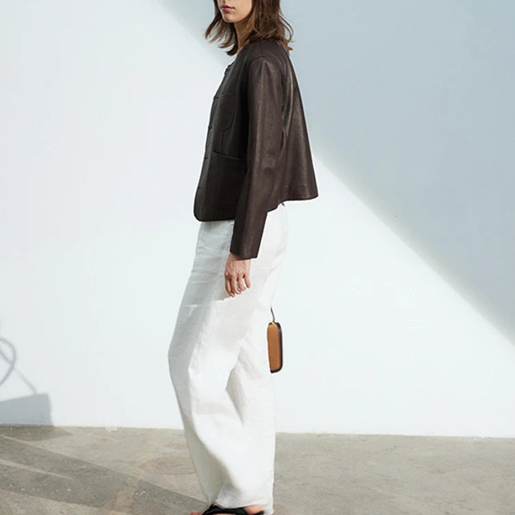 Women's Autumn Clothing European High Quality Sheepskin Casual O-Neck Single-Breasted Coffee Litchi Stria Genuine Leather Jacket