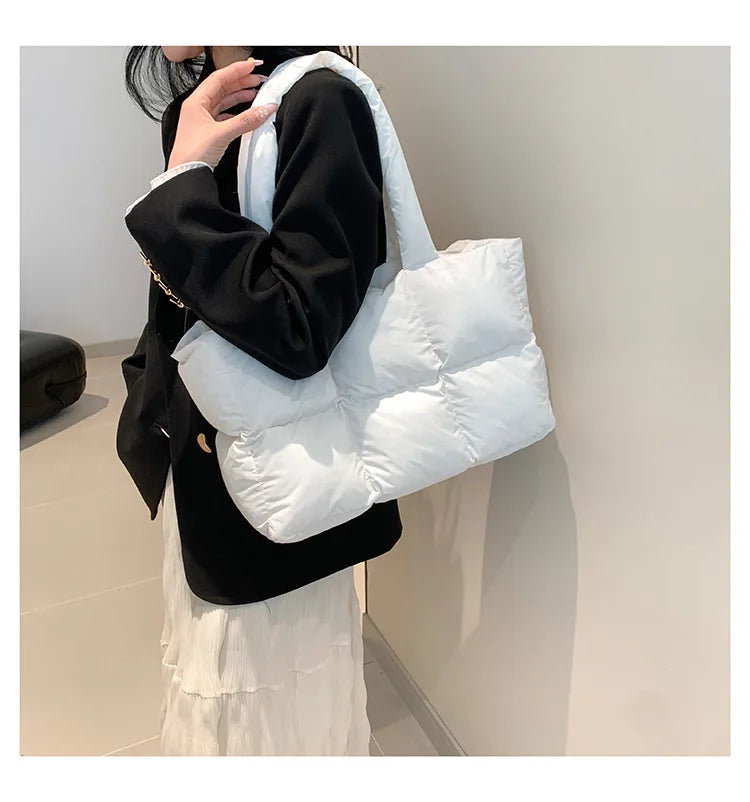Quilted Plaid Bag Women Tote Handbags Retro Trendy Checkered Waterproof Shoulder Bag Solid Color Winter Soft Large Capacity Bags