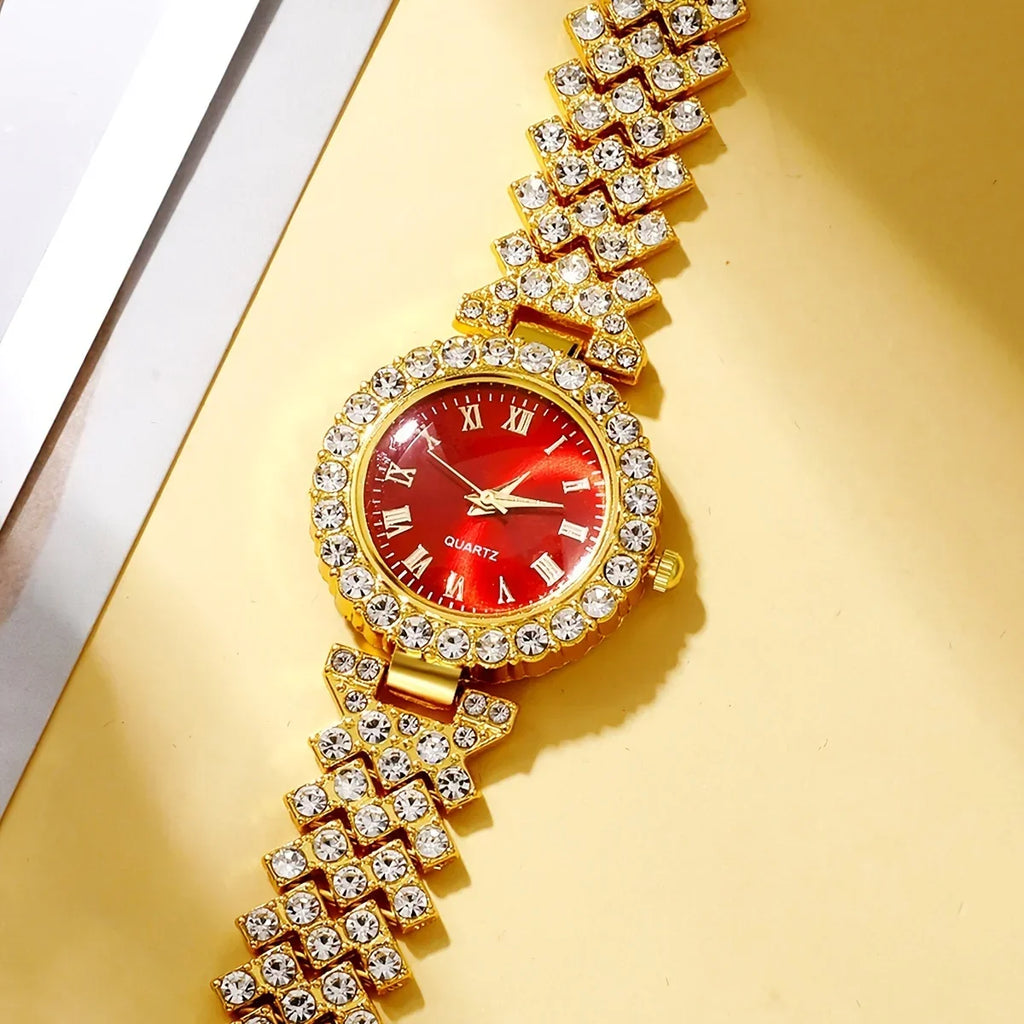 5-piece set of gemstone inlaid women's quartz watch accessories, new fashionable color diamond gemstone watch set
