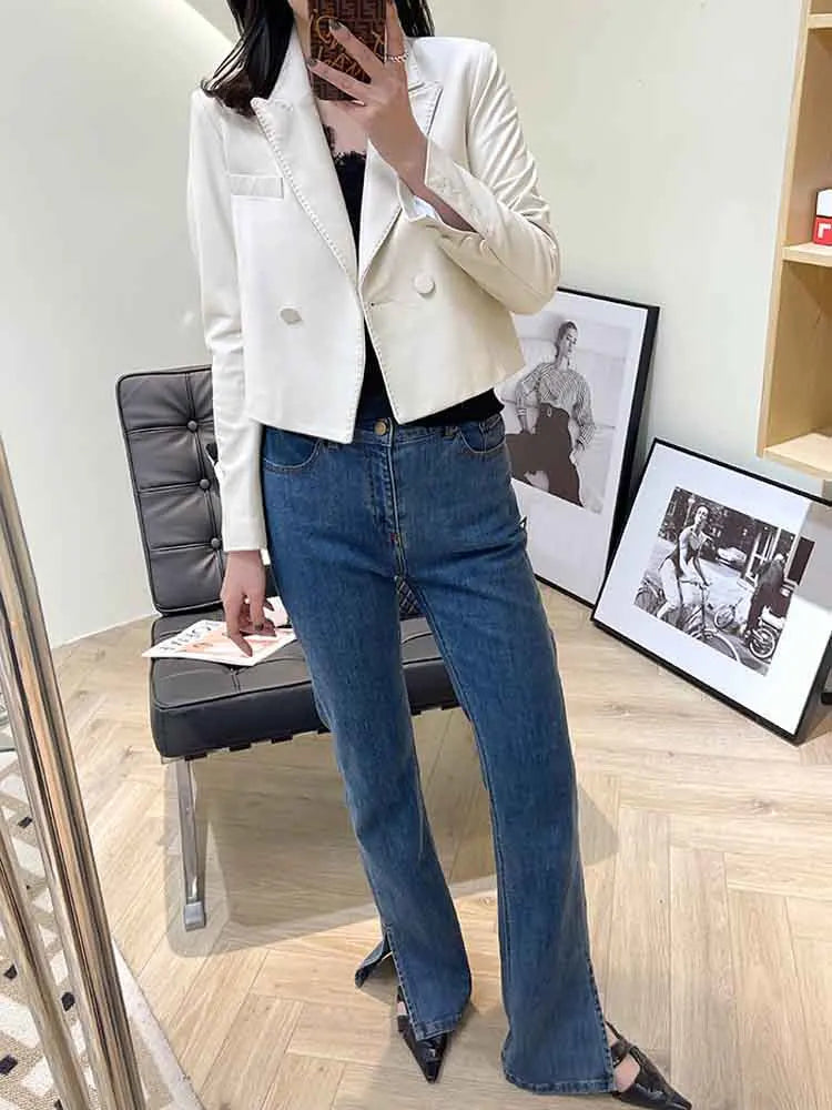 Suit Leather Jacket For Women 2025 Female 100% Sheepskin Lined Suit Collar Slim Short Quilted Coats Retro OL Sobretudo Feminino