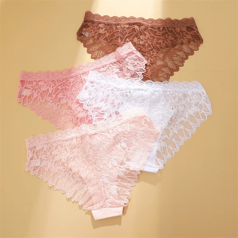FINETOO 3Pcs Lace Hollow Out Underwear for Women Sexy Low-Waist Floral Briefs Female Invisible Breathable Lingerie Soft Intimate