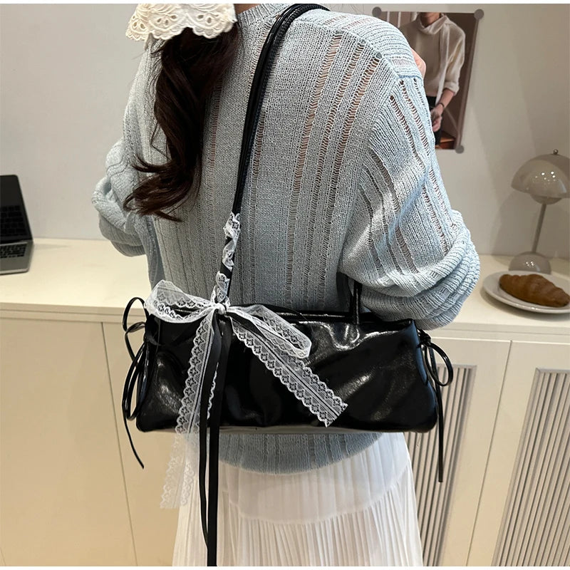 French Elegant Square Bag Korean Bow Decoration Pu High-quality Bag Niche Simple Ballet Style Shoulder Bag New Casual Women Bags