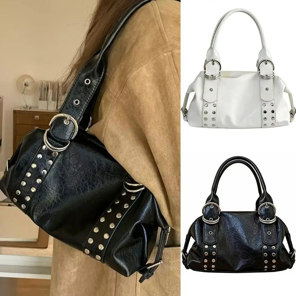 New PU Leather Women Shoulder Bag Large Capacity Y2K Motorcycle Bag High Quality Fashion Rivet Handbag Daily Use