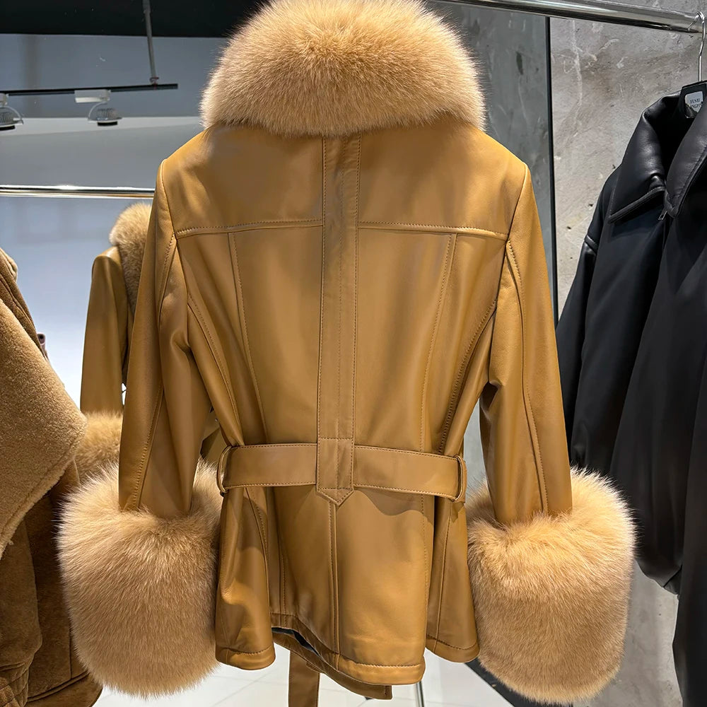 YOLOAgain Women's Real Fox Fur Collar Sheepskin Leather Jacket Coat Autumn 2025