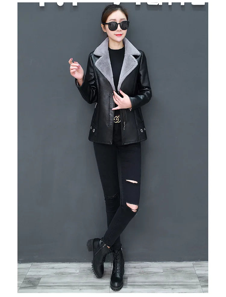 Women's Biker Style Thickened Short Leather Jacket Autumn Winter Street Fashion PU Material Versatile Outerwear Coat