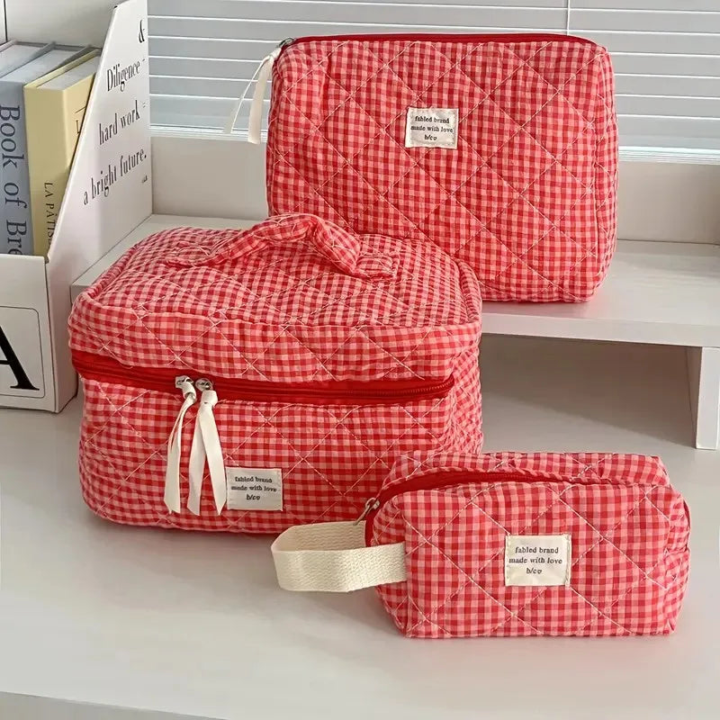 Women Large Capacity Checkered Cosmetic Bag Girls Cotton  Skincare Brushes Storage Bag Portable Travel Toiletry Bag Makeup Bag