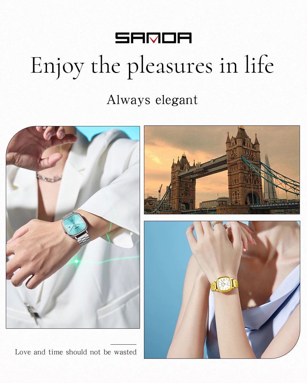 Sanda 2026 Couple Quartz Watch Men's and Women's Square Watch 3ATM Waterproof Calendar Simple and Elegant Women's Watch 3278