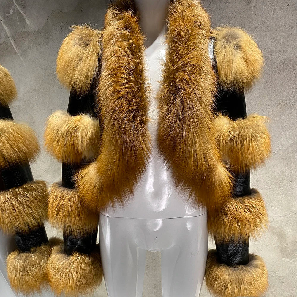 YOLOAgain Women's Natural Fox Fur Jacket Real Leather Cropped Jacket Streetwear
