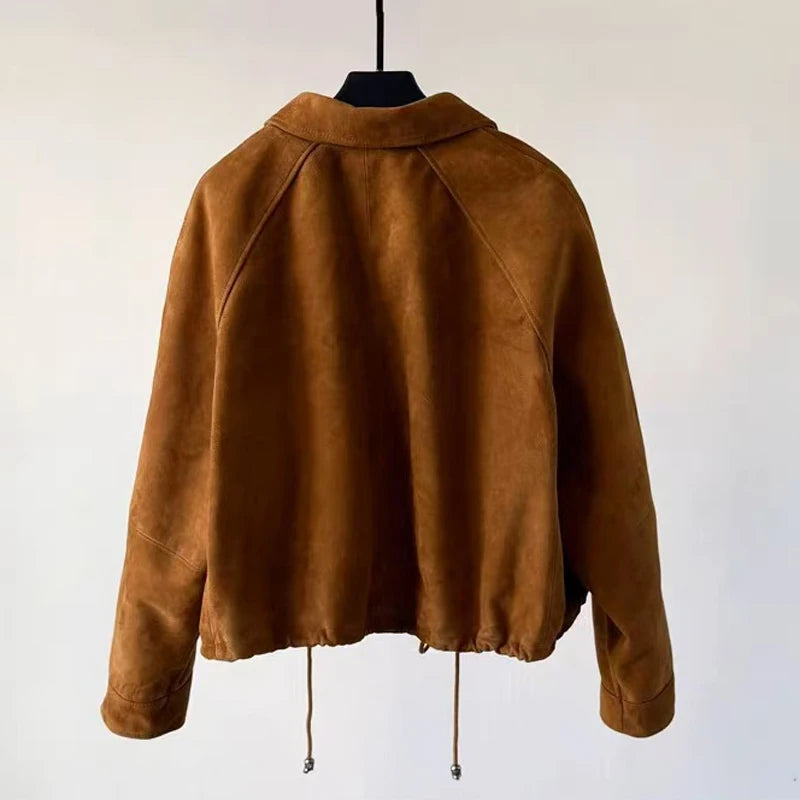 Suede Leather Flower Bud Jacket for Women Trendy Kid Suede Drawstring Silhouette Short Coat Streetwear Chill Casaco Feminino