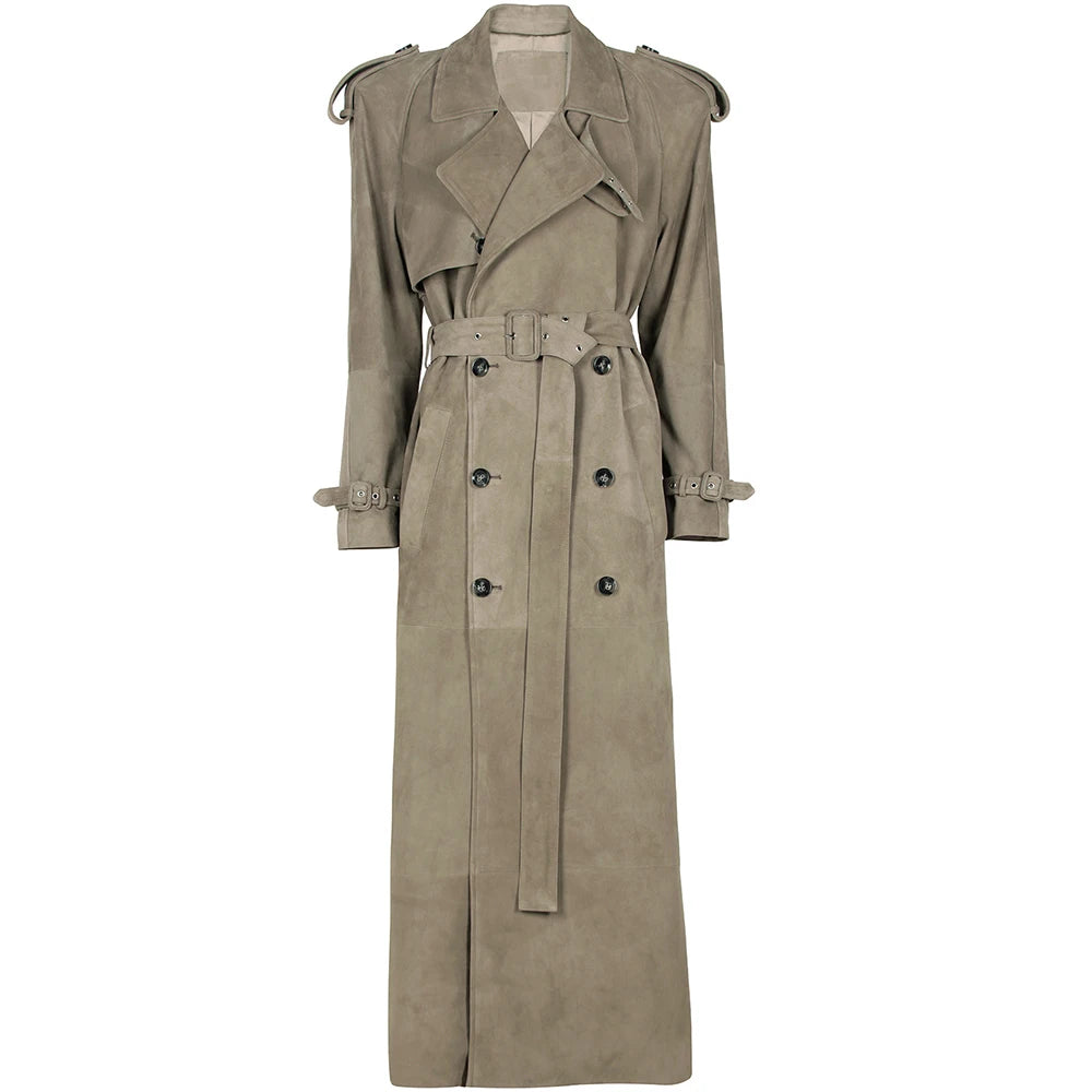 YOLOAgain 150cm Extra Length Real Leather Trench Coat Women Double Breasted Suede Coat Female