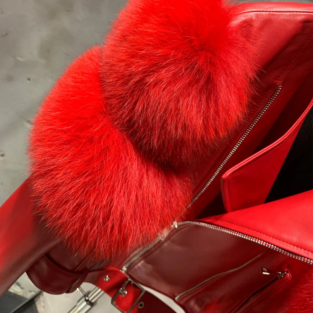 Leather Jacket Factory Ladies Short Leather Jacket Real Fox Fur Sleeve Coat Women Autumn 21001