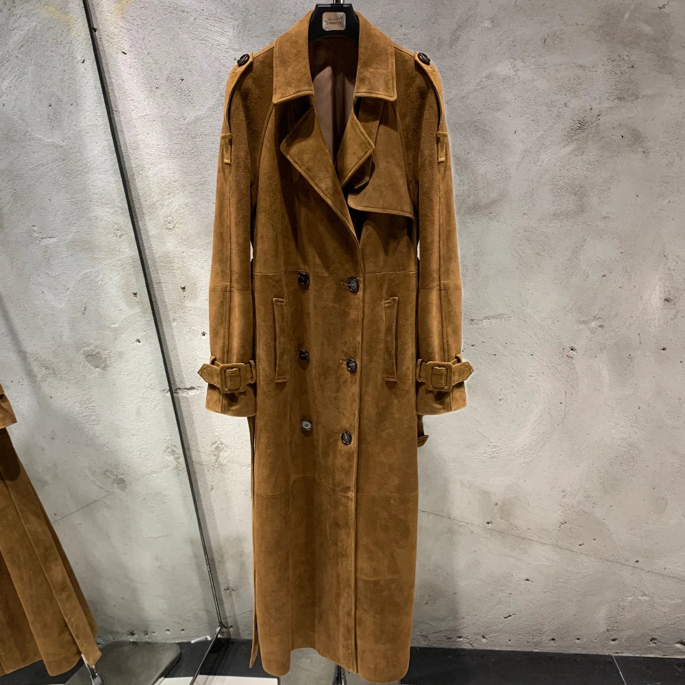 Long  Suede Leather Coat Ladies Real Sheepskin Coat Genuine Sheep Leather Windbreak Long 2385