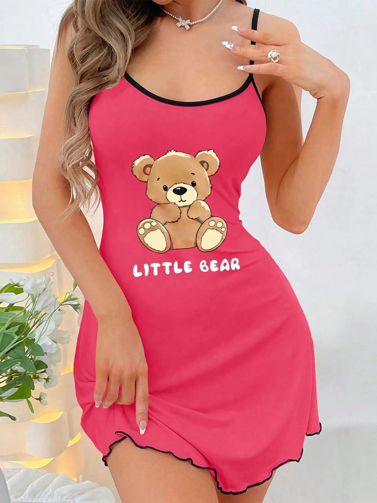 2026 New Women's Autumn Home Clothes Printed Cute Bear Strap Skirt Off Shoulder Pajamas Home Fashion Contrast Ruffle Edge Dress