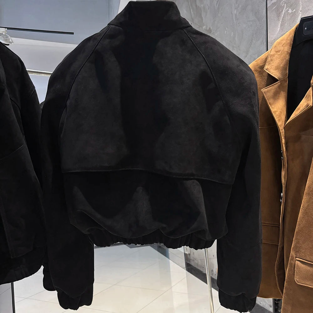 YOLOAgain Suede Leather Jacket Coat Women Real Leather Cropped Jacket Bomber Jacket